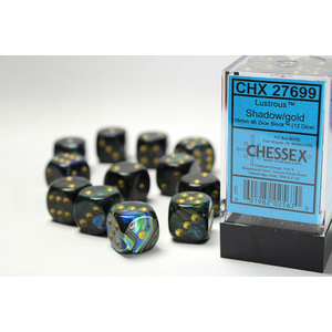 CHESSEX DICE - 16MM D6 (12) LUSTROUS SHADOW/GOLD