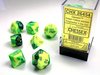 CHESSEX DICE - POLYHEDRAL SET (7) - GEMINI GREEN-YELLOW/SILVER-gaming-The Games Shop