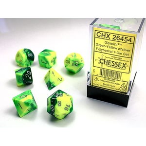 CHESSEX DICE - POLYHEDRAL SET (7) - GEMINI GREEN-YELLOW/SILVER