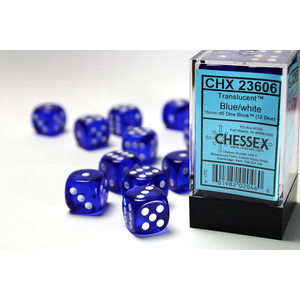 CHESSEX DICE - 16MM D6 (12) TRANSLUCENT BLUE/WHITE